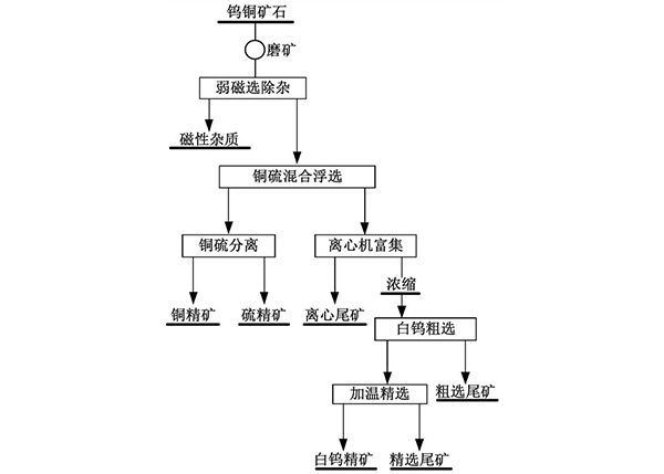 从钨铜硫矿石中综合回收黄铜矿、白钨矿和硫铁矿的选矿方法
