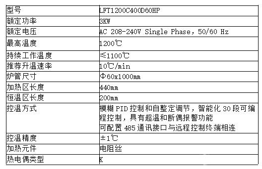 高温高压管式炉技术参数