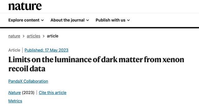 “从氙反冲数据得出的暗物质的亮度极限”(Limits on the luminance of dark matter from xenon recoil data)在Nature期刊上发表