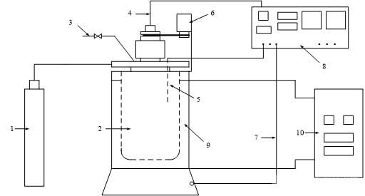 透明石英加压反应釜：1-氧气瓶;2-石英釜体;3-出料口;4-转速测定线;5-热电偶;6-电机;7-加热线;8-控制柜;9-硅油;10-循环油浴加热器