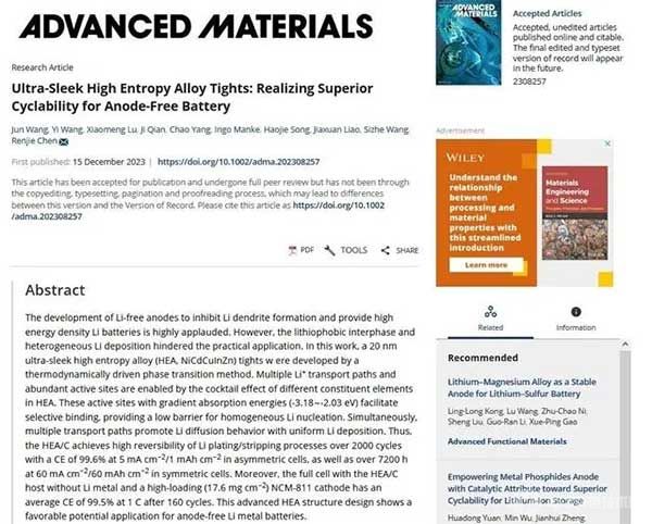 Ultra-Sleek High Entropy Alloy Tights: Realizing Superior Cyclability for Anode-Free Battery Ultra-Sleek High Entropy Alloy Tights: Realizing Superior Cyclability for Anode-Free Battery