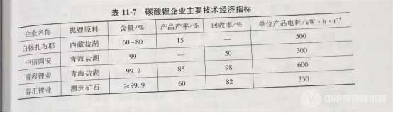 碳酸锂企业主要技术经济指标