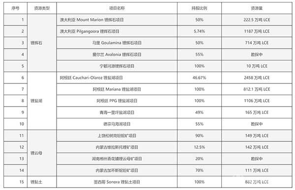 截至去年年底赣锋锂业在全球范围内直接或间接拥有权益的上游锂资源情况