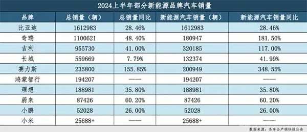 2024上半年部分新能源品牌汽车销量