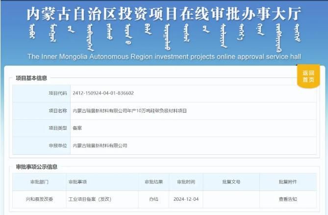 25亿投资! 内蒙古瑞景新材料硅碳负极材料项目备案成功